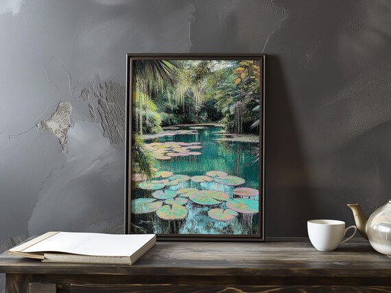 Claude Monet Water Lilies Round Pads on Teal Pond Garden Poster