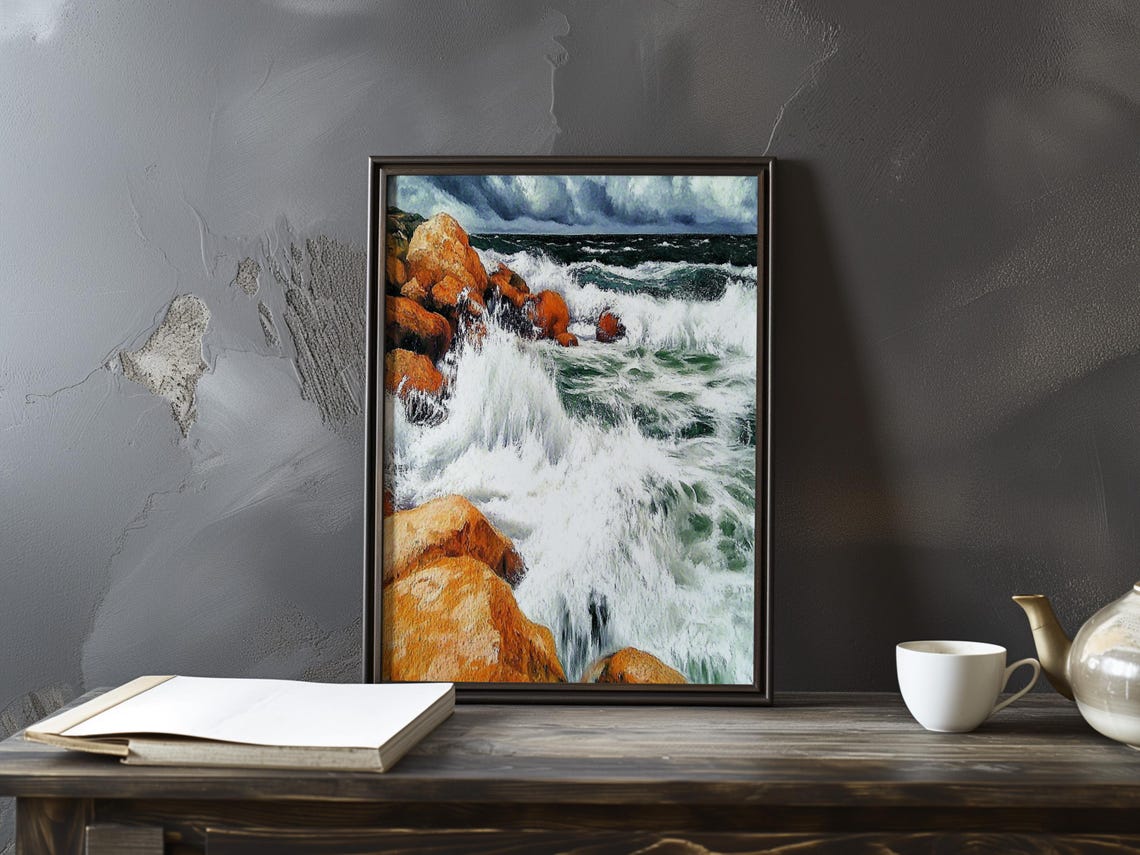 Stormy Ocean Swells Crashing Against Ochre Rocks Dramatic Art Poster