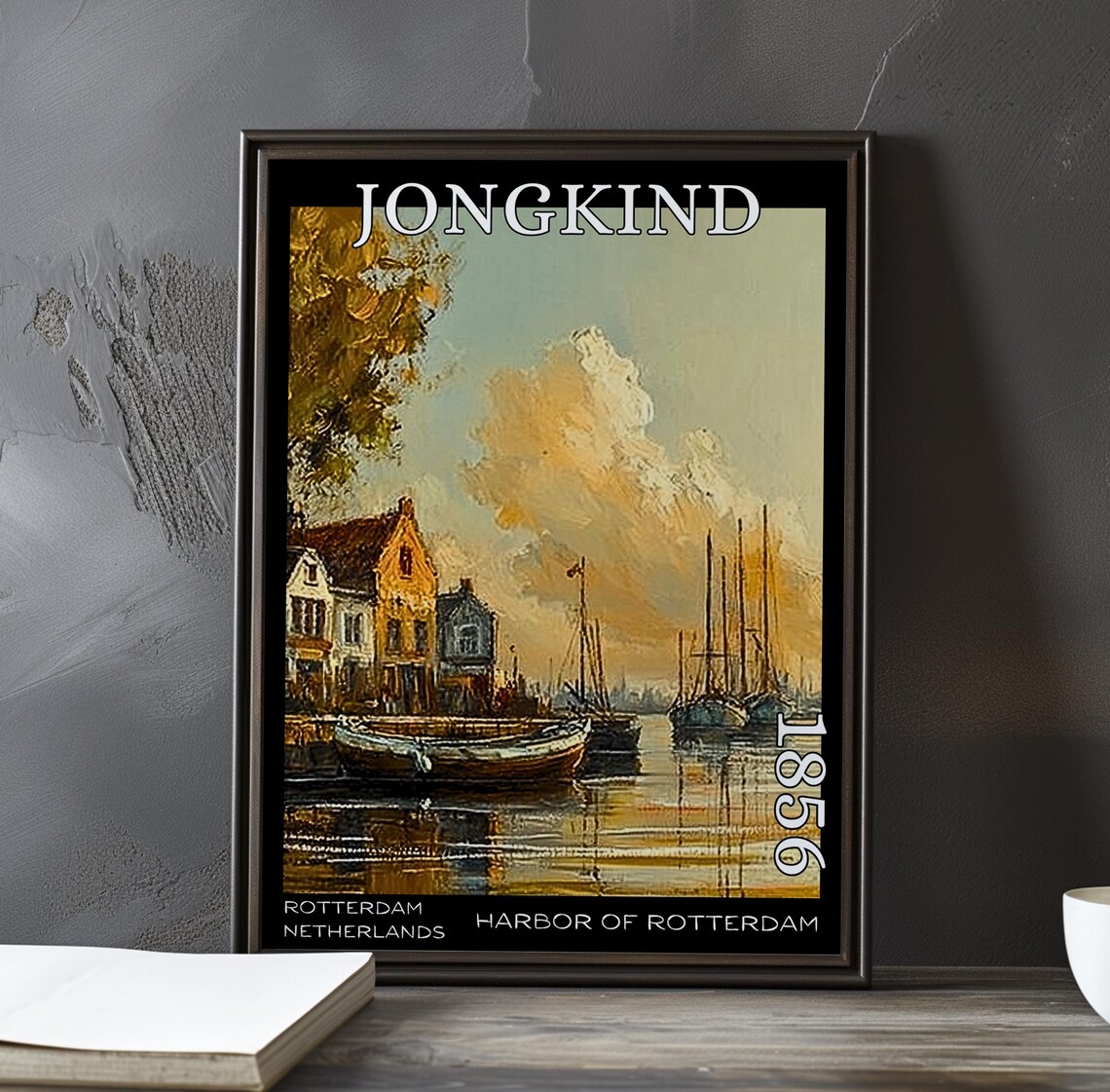 Jongkind Harbor of Rotterdam Quiet Cottages and Rowboat at Dusk Poster