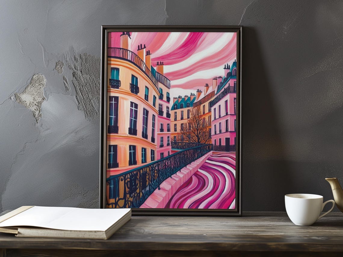 Bold Modern Parisian Street Under a Swirling Pink Sky Poster