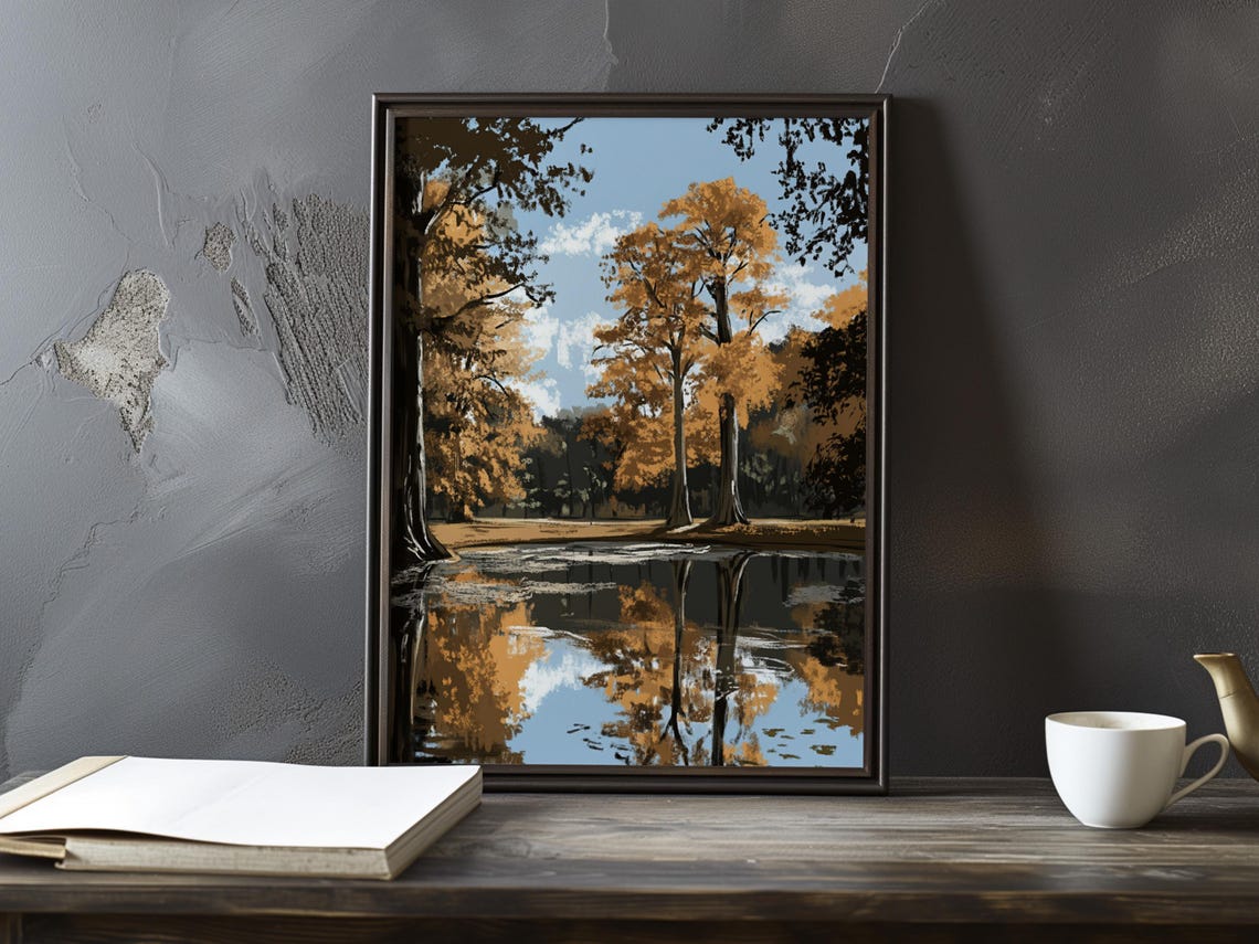 Golden Autumn Trees Reflected in a Still Pond Impressionist Poster