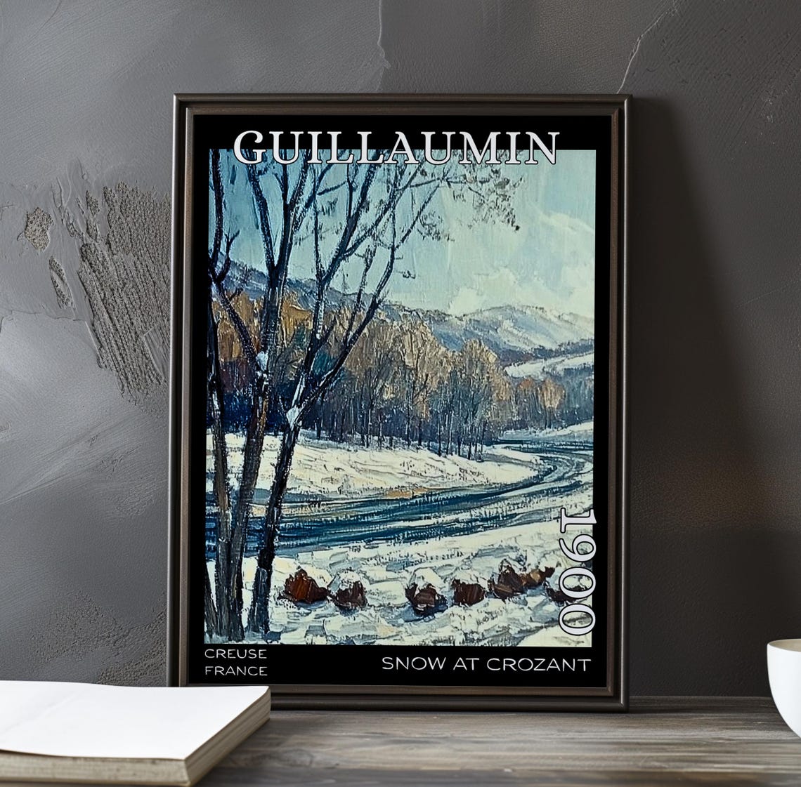Guillaumin Snow At Crozant Snowy River Bend Brown Rocks Poster