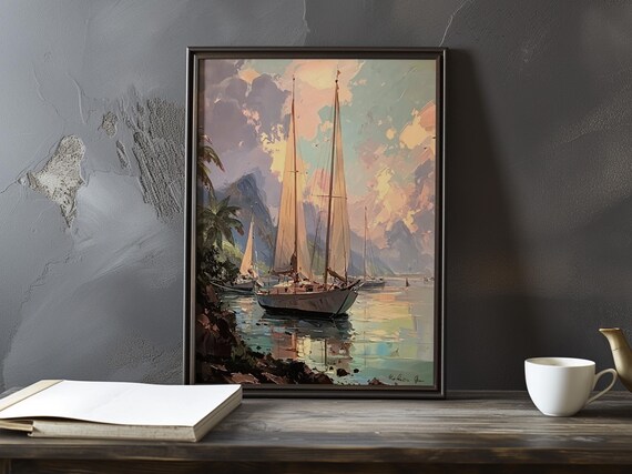 Classic Sailboats in a Turquoise Harbor at Sunset Art Painting Poster