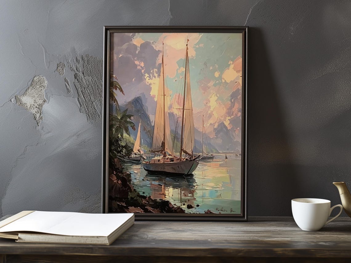 Classic Sailboats in a Turquoise Harbor at Sunset Art Painting Poster