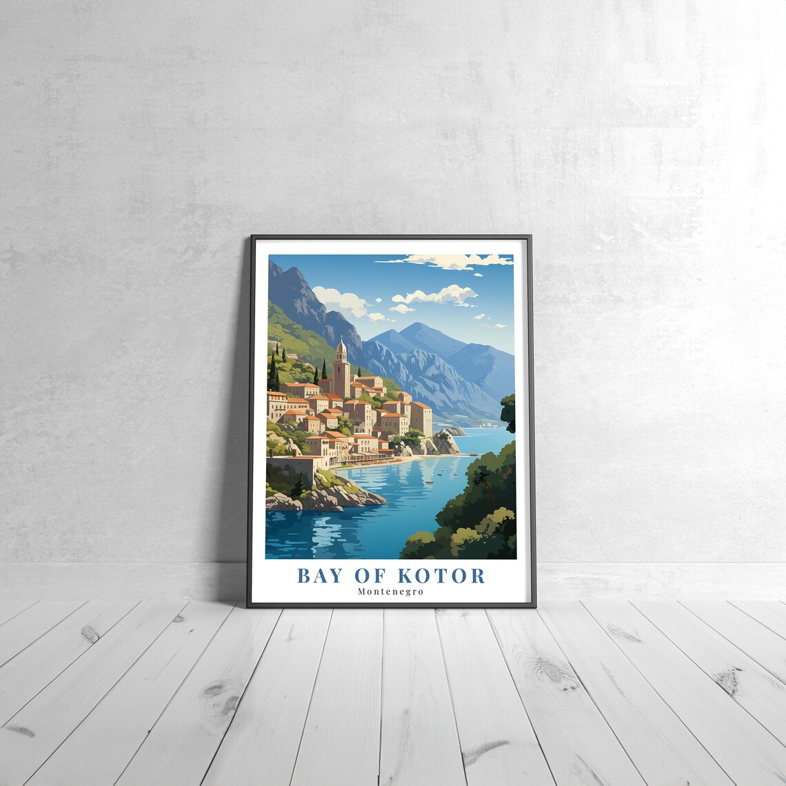 Bay of Kotor Montenegro Vintage Travel Poster Coastal Town Mountains