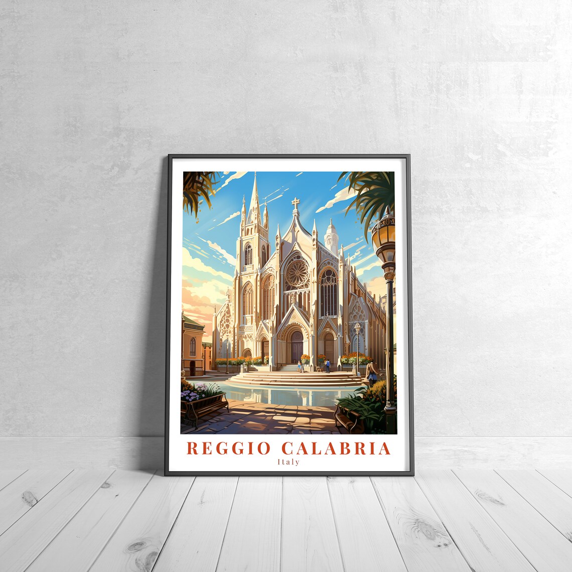 Reggio Calabria Italy Glowing Cathedral At Sunset Retro Travel Poster