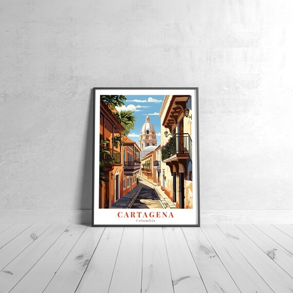 Cartagena Colombia Colonial Street Cathedral Vintage Travel Poster