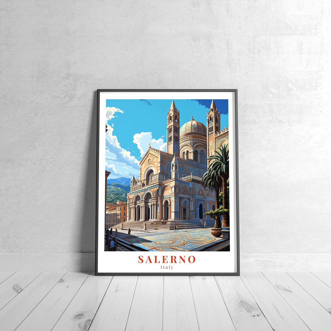 Salerno Italy Vintage Retro Travel Cathedral Piazza Amalfi Coast Poster