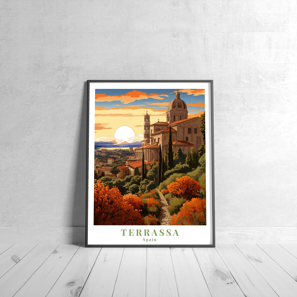 Terrassa Spain Vintage Travel Poster Sunset Church Hilltop View