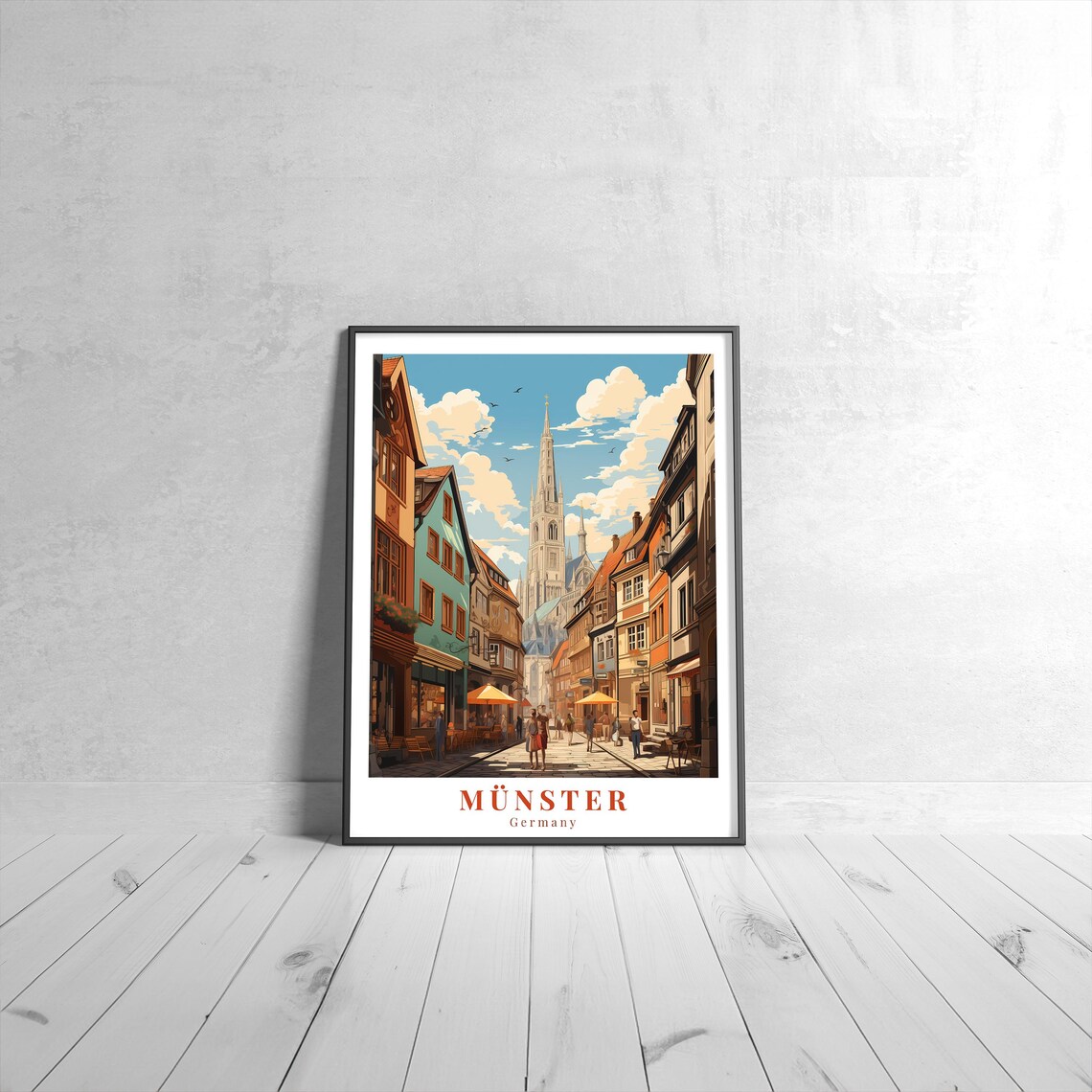 Münster Germany Old Town Street Cathedral Spire Travel Art Poster