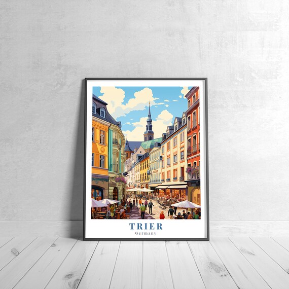 Trier Germany Vintage Travel Poster Old Town Street Church Tower Scene