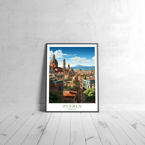 Puebla Mexico Cathedral Domes Colonial Cityscape Travel Poster