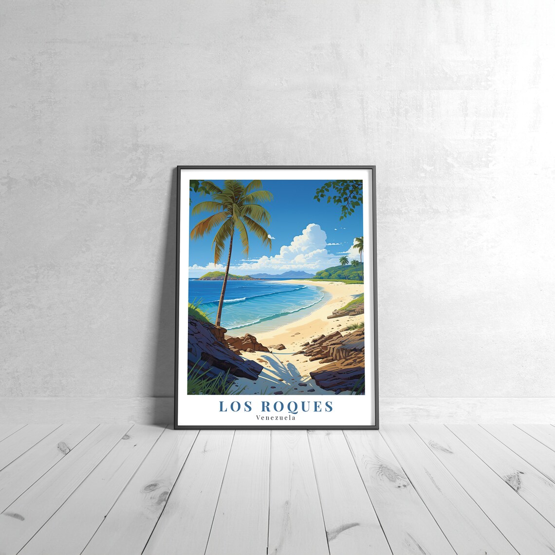 Los Roques Venezuela Vintage Travel Poster Tropical Palm Beach Scene