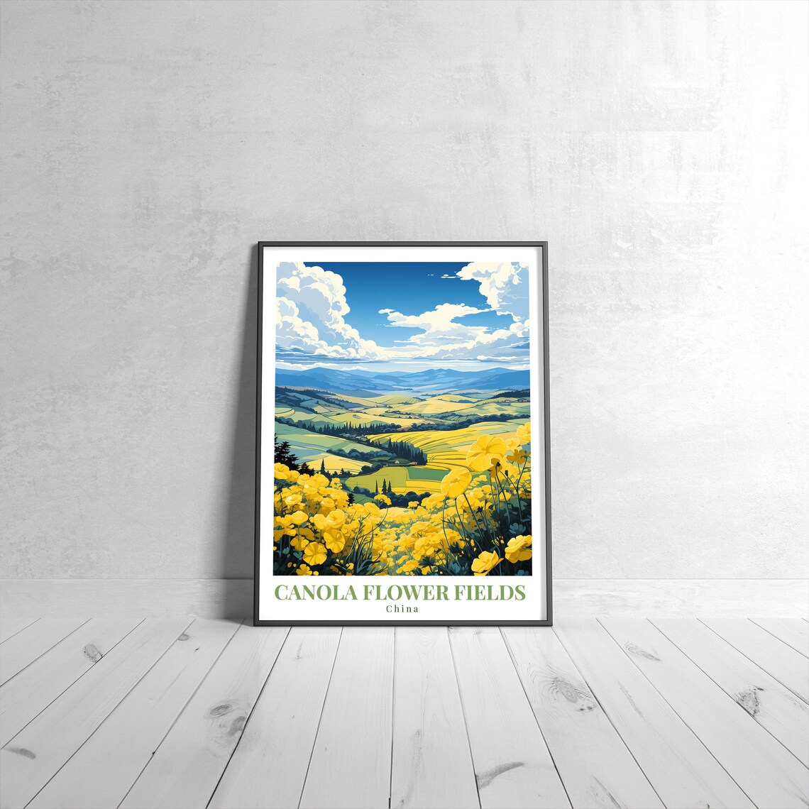 Canola Flower Fields China Yellow Blossom Hills Vintage Travel Poster