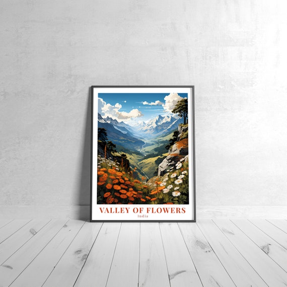 Valley Of Flowers Vintage Travel Poster Retro India Art Print Colorful Home Decor Wall Unique Gift