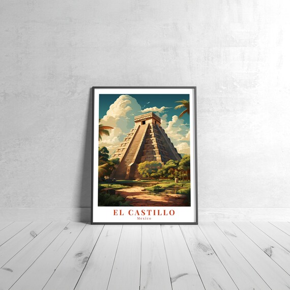 El Castillo Mexico Mayan Pyramid Vintage Travel Poster Temple Art