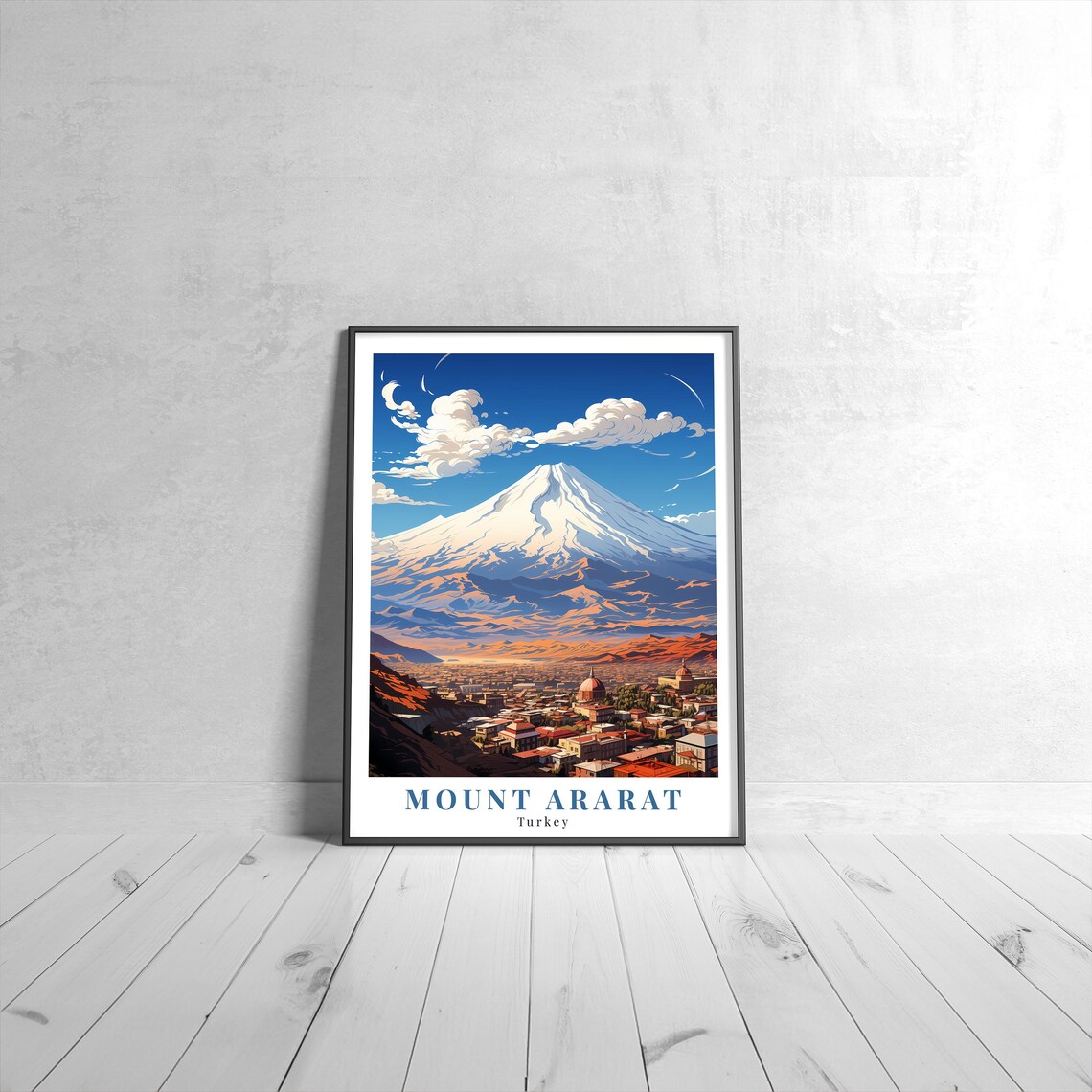 Mount Ararat Turkey Snow Capped Volcano Town Vintage Travel Poster