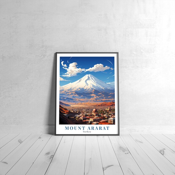 Mount Ararat Turkey Snow Capped Volcano Town Vintage Travel Poster