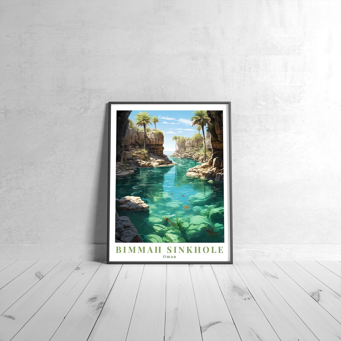 Bimmah Sinkhole Oman Vintage Travel Poster Turquoise Palm Oasis