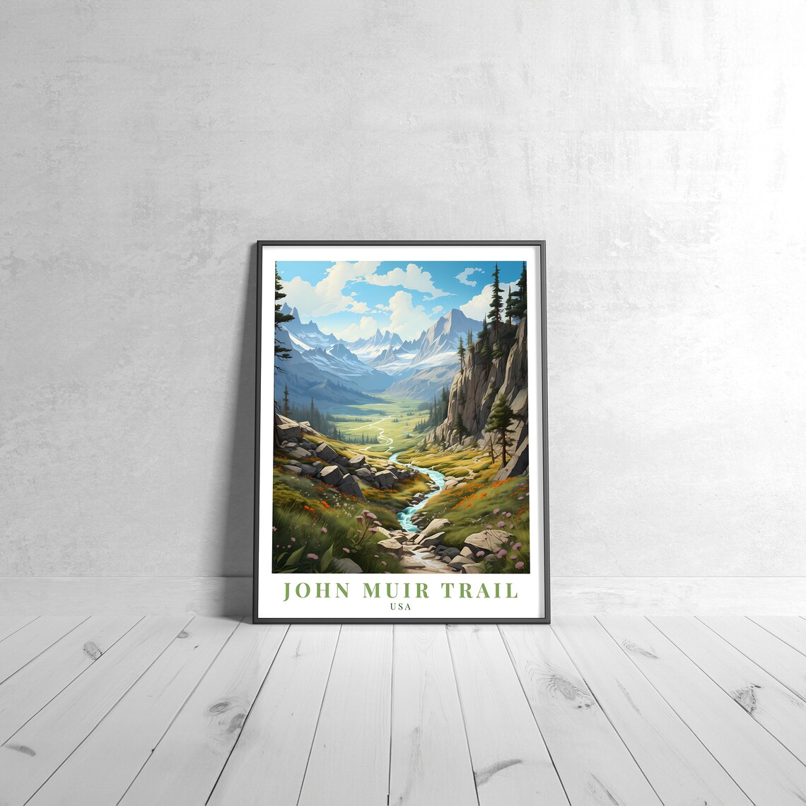 John Muir Trail USA Sierra Nevada Mountain Valley Vintage Travel Poster