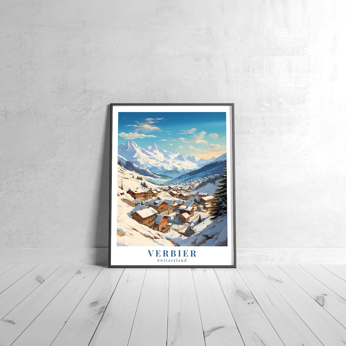 Verbier Switzerland Vintage Travel Poster Snowy Ski Village Mountains