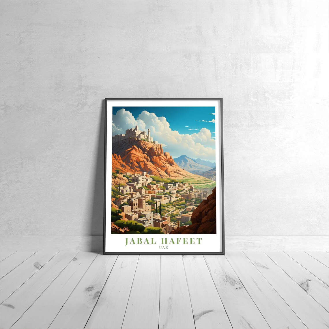 Jabal Hafeet UAE Vintage Travel Poster Desert Mountain Fortress Village