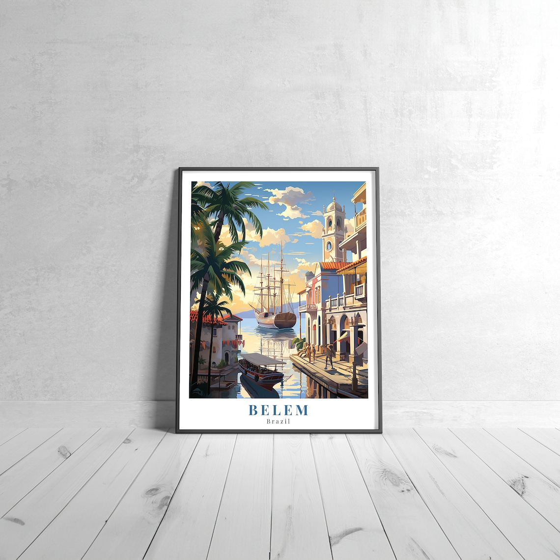 Belem Brazil Vintage Travel Poster Palm Harbor Tall Ship Waterfront