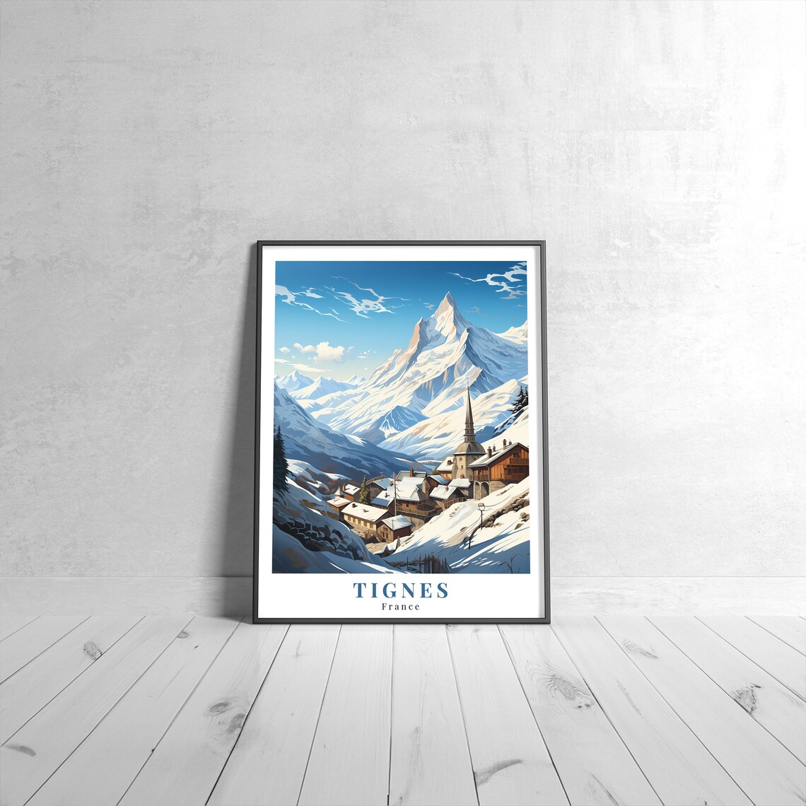 Tignes France Alpine Village Church Steeple Snow Peak Travel Poster