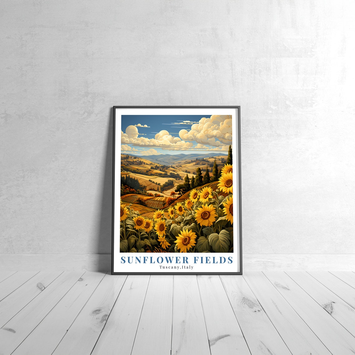 Tuscany Italy Sunflower Fields Golden Hills Landscape Travel Poster
