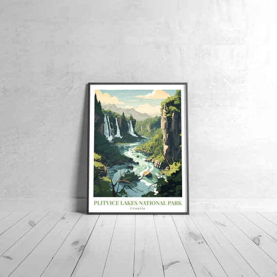 Plitvice Lakes National Park Vintage Travel Poster Retro Croatia Art Print Colorful Home Decor Wall Unique Gift