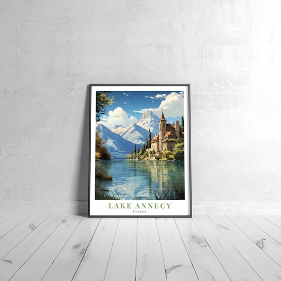 Lake Annecy France Vintage Travel Alpine Lake Castle Mountain View Poster