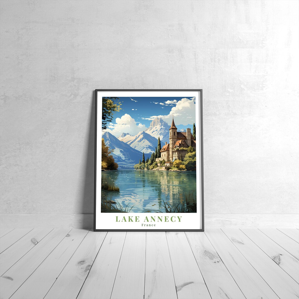 Lake Annecy France Vintage Travel Alpine Lake Castle Mountain View Poster