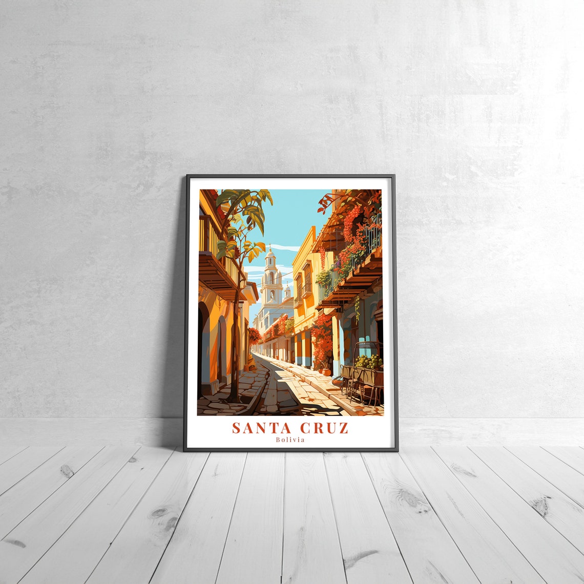 Santa Cruz Bolivia Colonial Street Church Tower Vintage Travel Poster