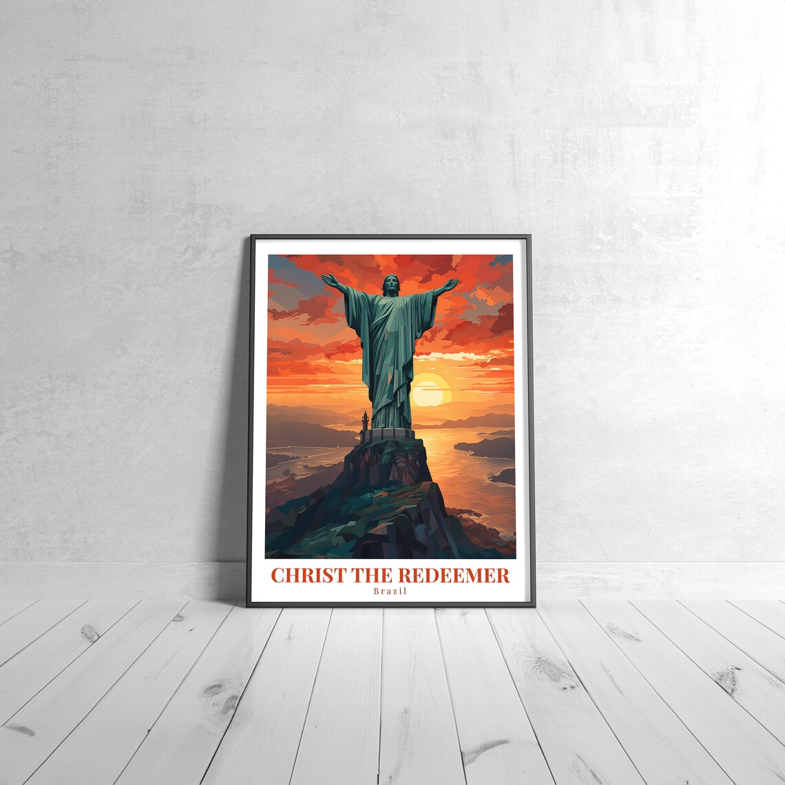 Christ the Redeemer Brazil Vintage Travel Poster of Rio Sunset