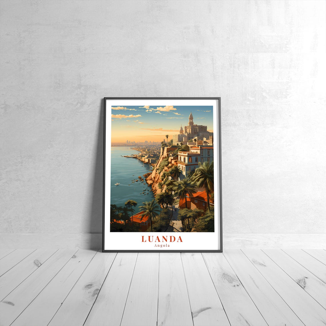 Luanda Angola Coastal Cliffs Ocean Sunset Vintage Travel Poster
