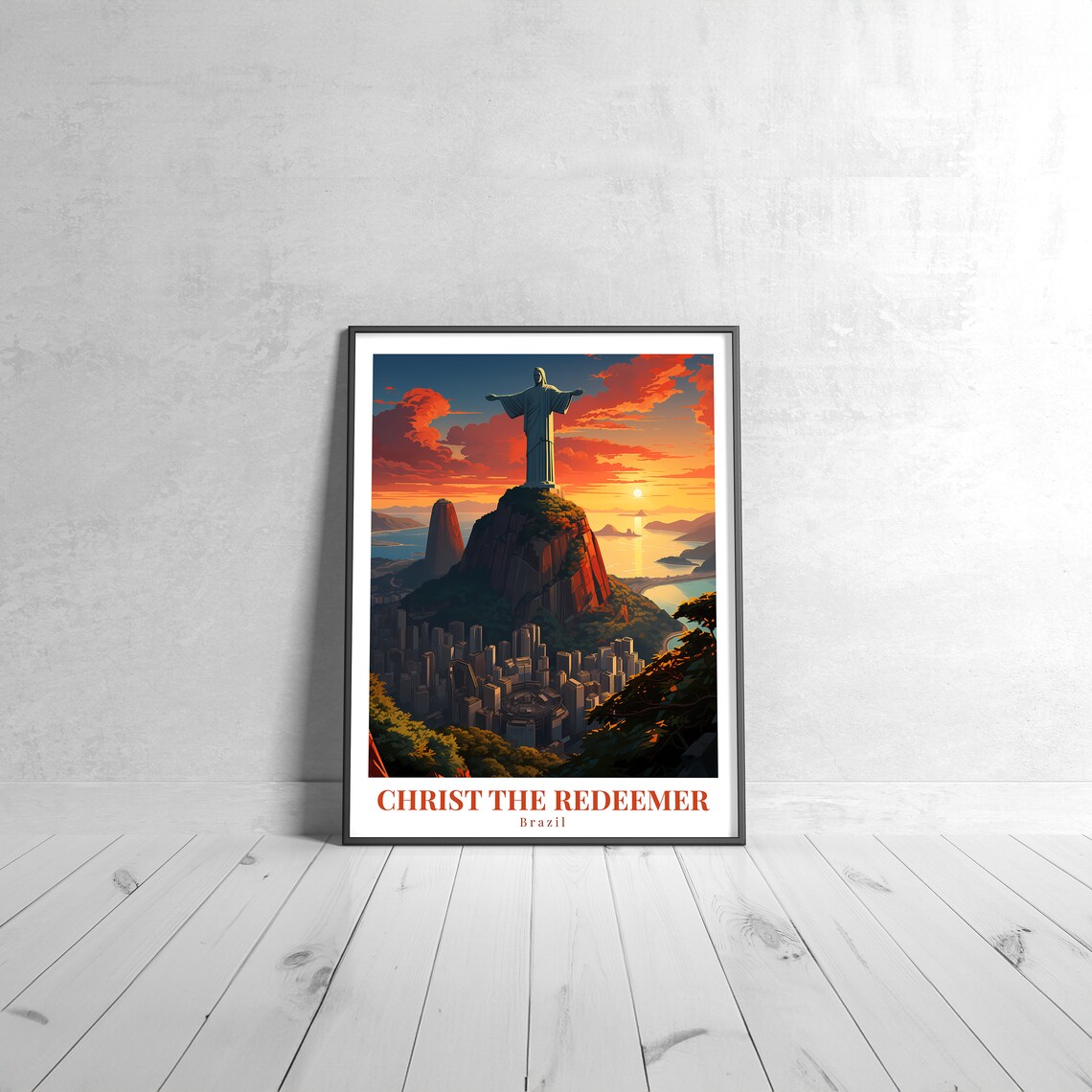 Christ The Redeemer Brazil Vintage Retro Travel Poster Sunset Rio
