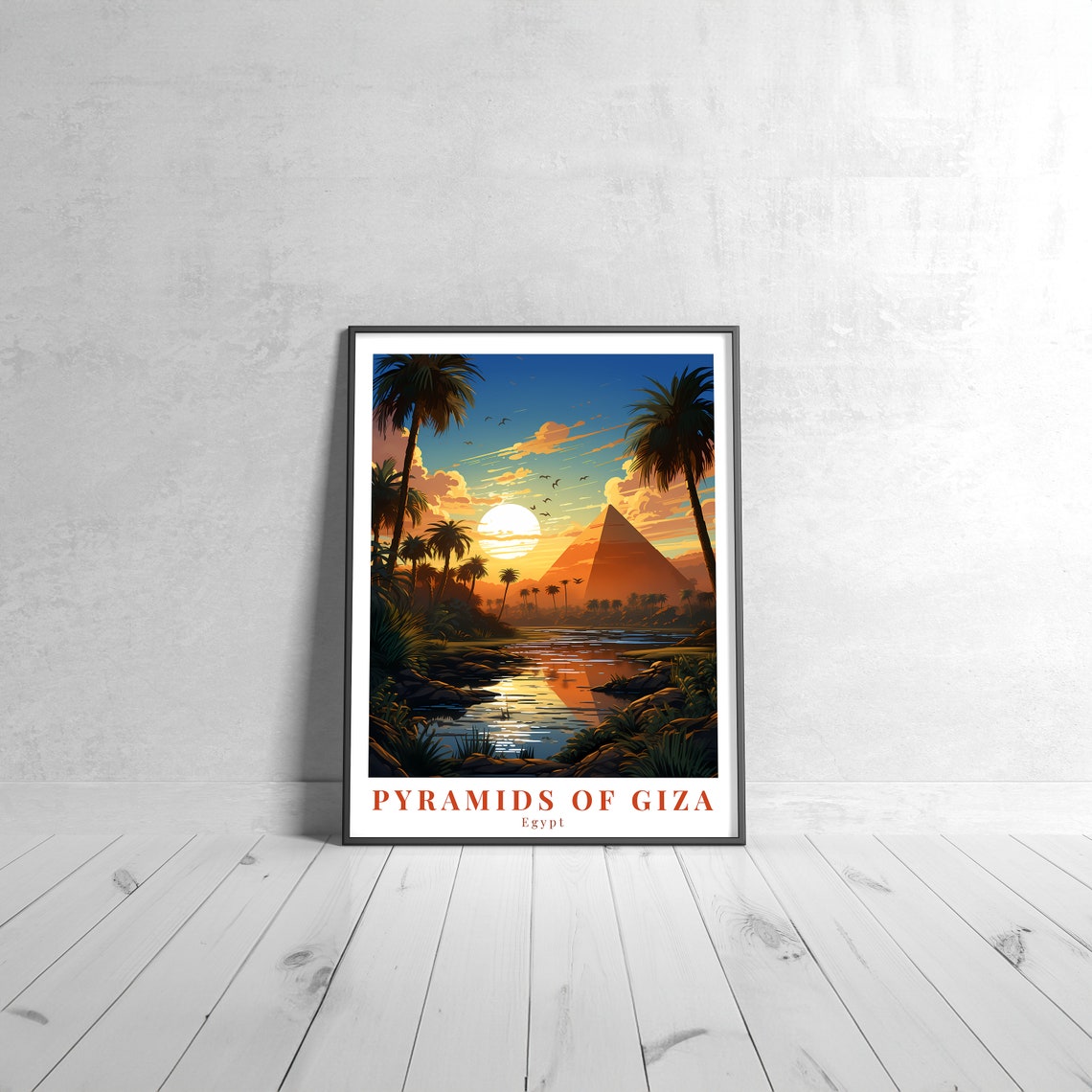 Pyramids of Giza Egypt Nile Sunset Palm Trees Vintage Travel Poster