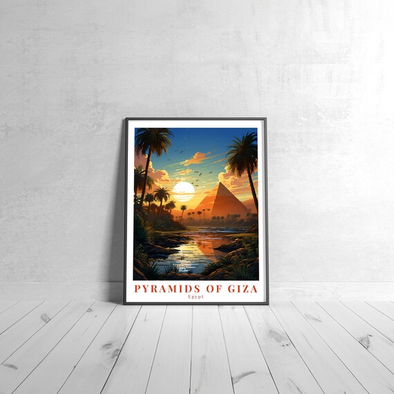 Pyramids of Giza Egypt Nile Sunset Palm Trees Vintage Travel Poster