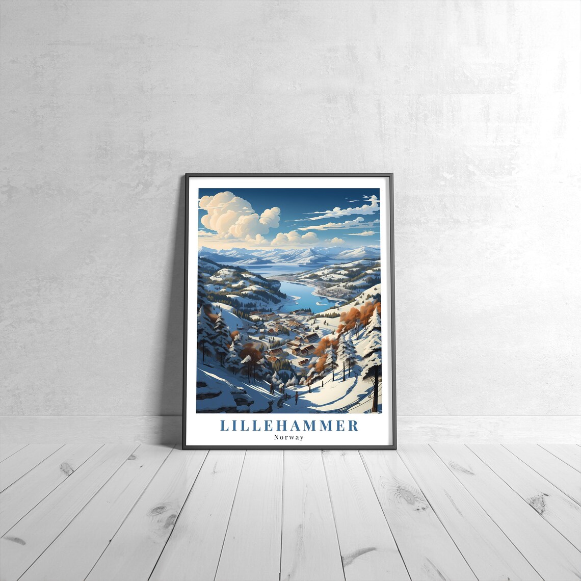 Lillehammer Norway Vintage Travel Poster of Snowy Ski Slopes
