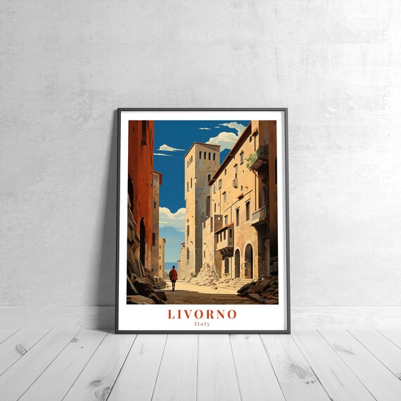 Livorno Italy Old Town Street Tower Seaside Retro Travel Poster