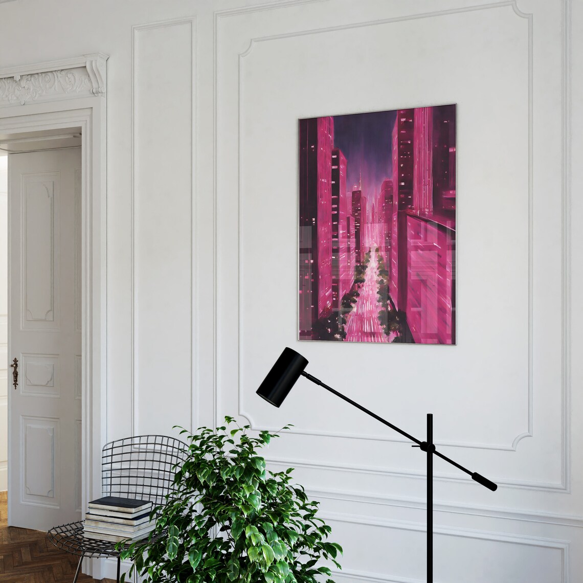 Pink Magenta Night City Skyline Aerial Street Painterly View Poster - Image 3