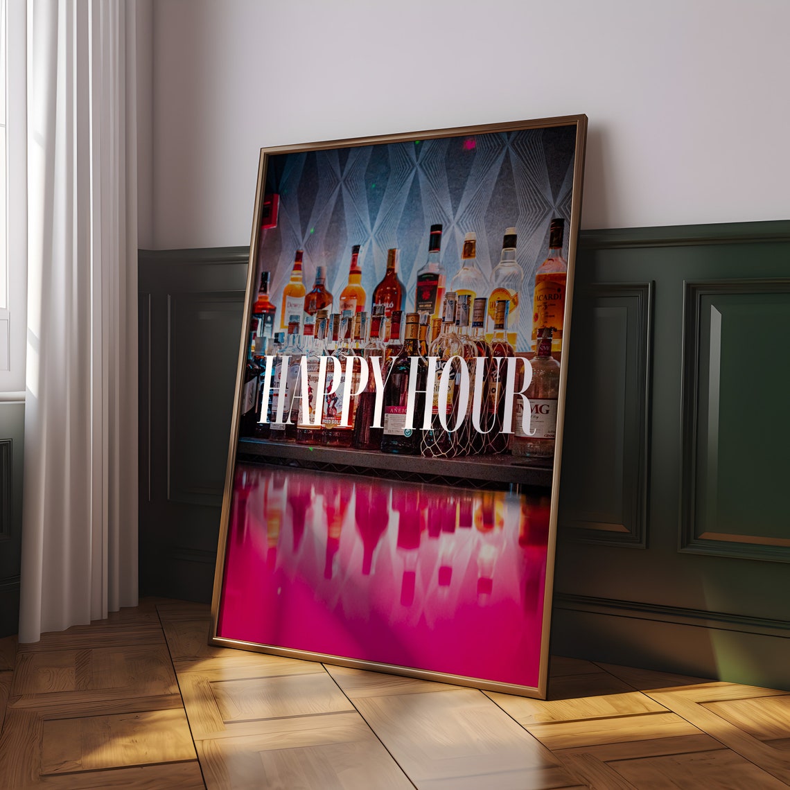 Happy Hour Bar Bottles Photo Pink Retro Kitchen Decor Poster - Image 2