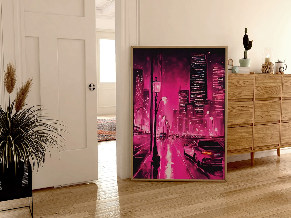 Pink Rainy City Street Night Lampposts Car Cinematic Scene Poster - Image 2