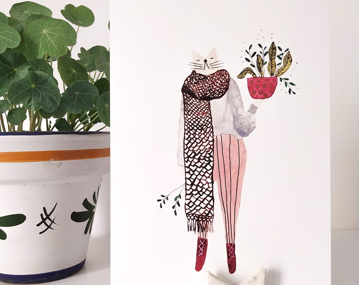 Whimsical Watercolor Cat And Houseplants Art Print