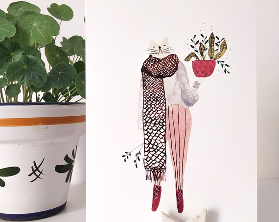 Whimsical Watercolor Cat And Houseplants Art Print