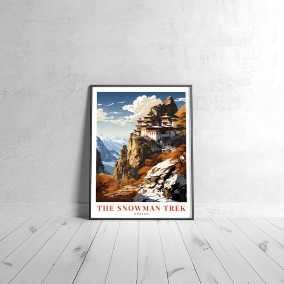The Snowman Trek Vintage Travel Poster Retro Bhutan Art Print Colorful Home Decor Wall Unique Gift