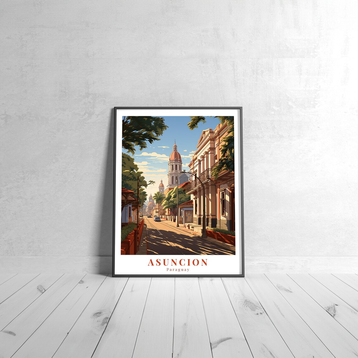Asuncion Paraguay Travel Poster Historic City Street Church Dome Sunny Old Town Art