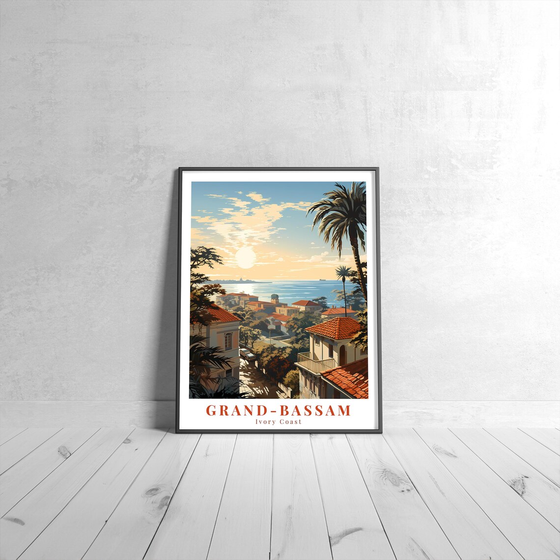 Grand Bassam Ivory Coast Coastal Town Sunset Palms Vintage Travel Poster