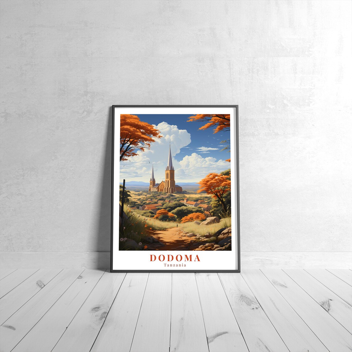 Dodoma Tanzania Church Twin Spires Retro Travel Illustrated Poster