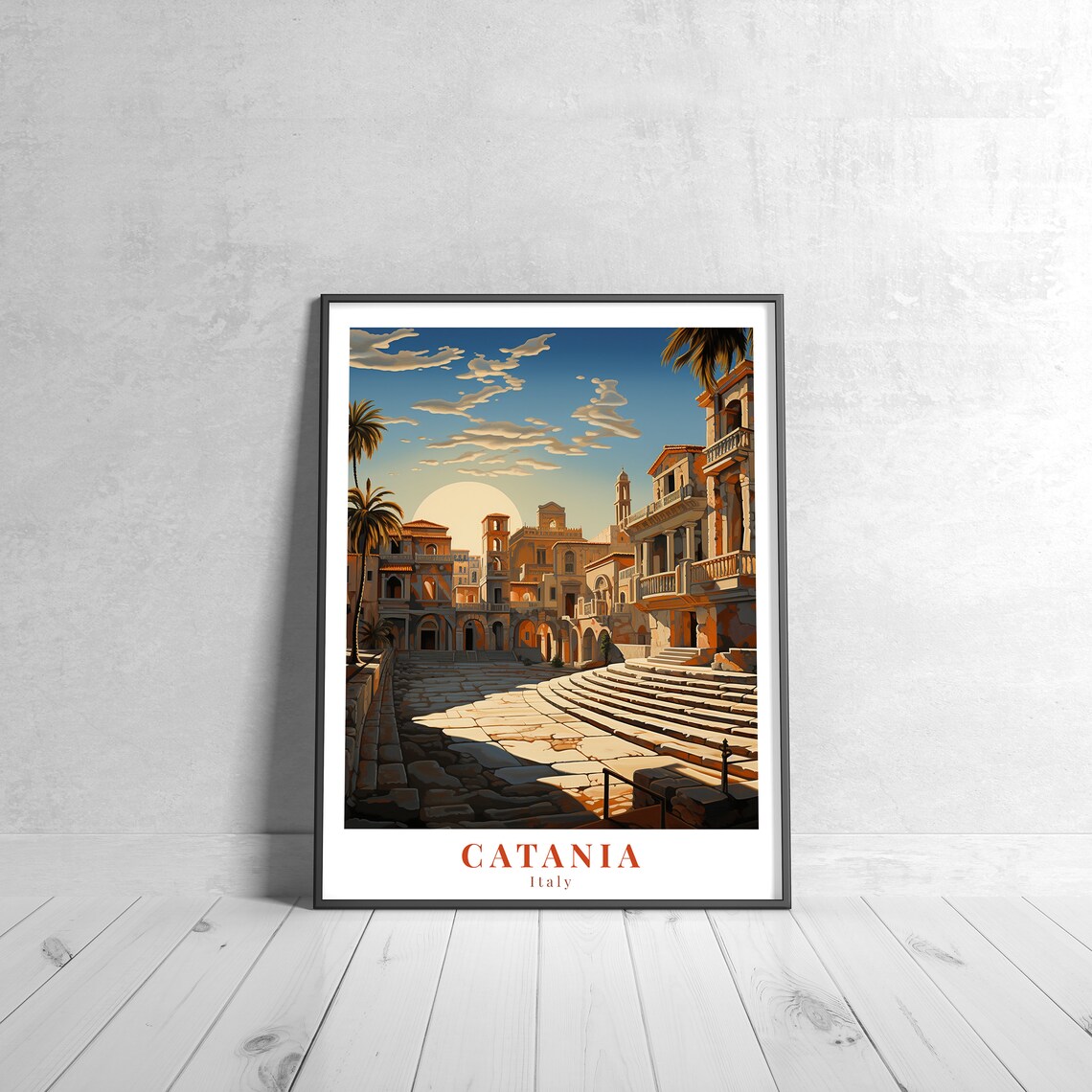 Catania Italy Old Town Sunset Retro Travel Illustrated Poster